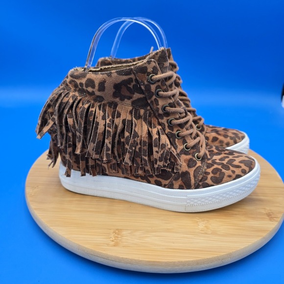 Not Rated Leopard Print Micro Suede Fringe Hidden Wedge  Bootie Sneakers 7.5 EUC - Picture 1 of 9